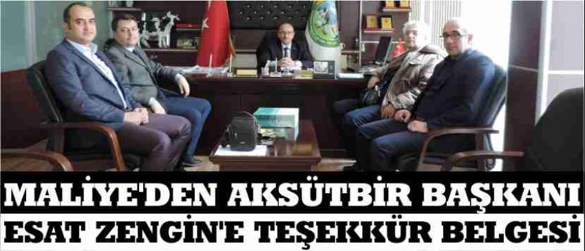 Maliye’den Aksütbir Başkanı Esat Zengin’e Teşekkür Belgesi