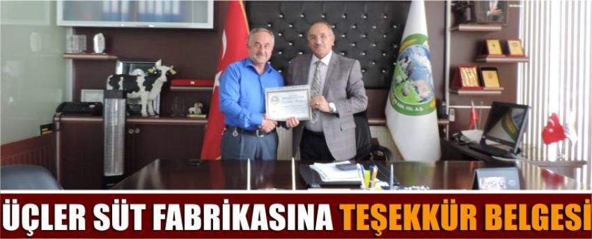 Üçler Süt Fabrikasına Teşekkür Belgesi